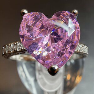 Pink Cubic Zirconia Heart Ring Silver Tone Size 10 Fashion Jewelry